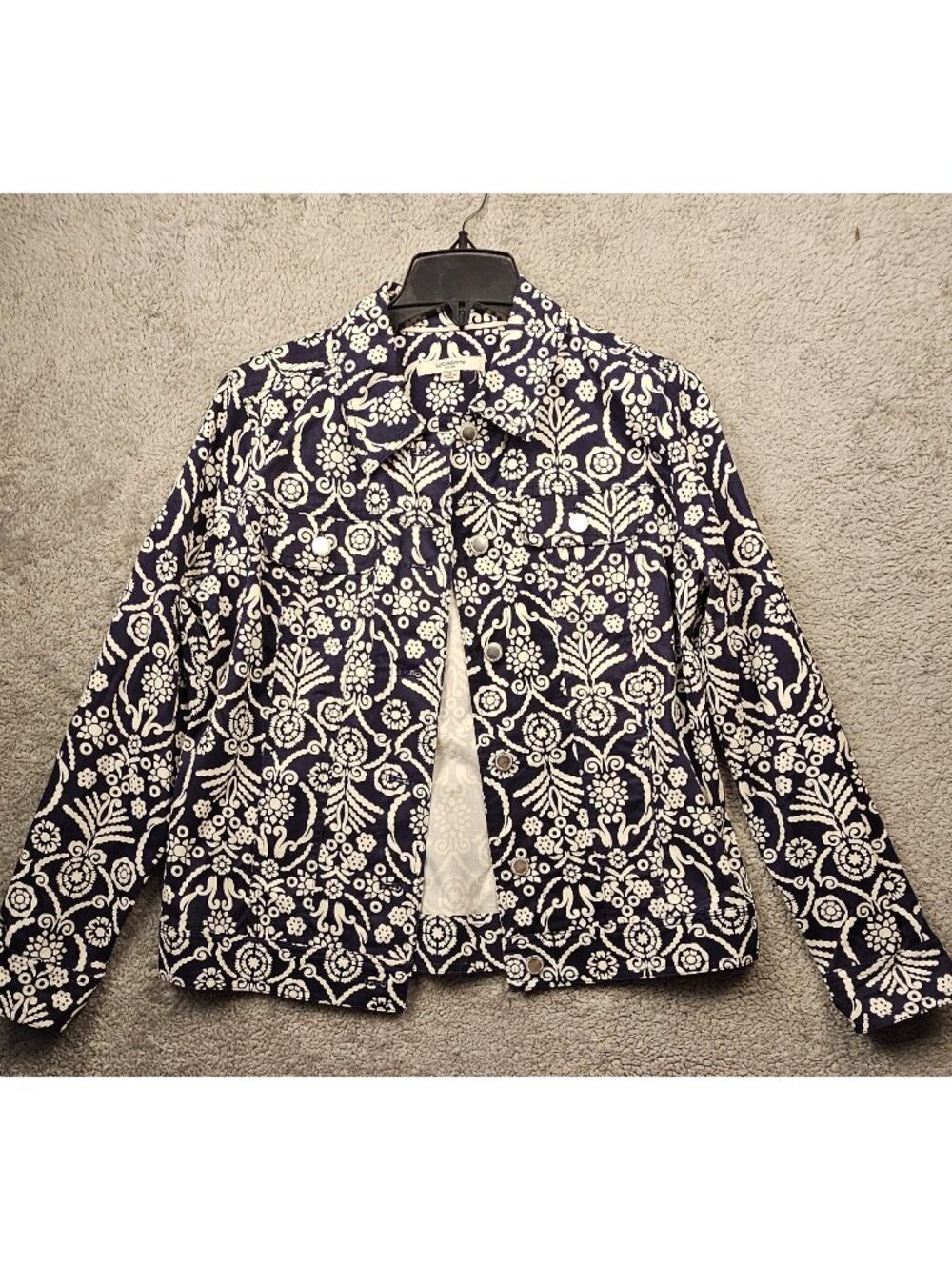 Liz Claiborne Womens Navy & White Floral Print Button-Up Denim Jacket Size 6